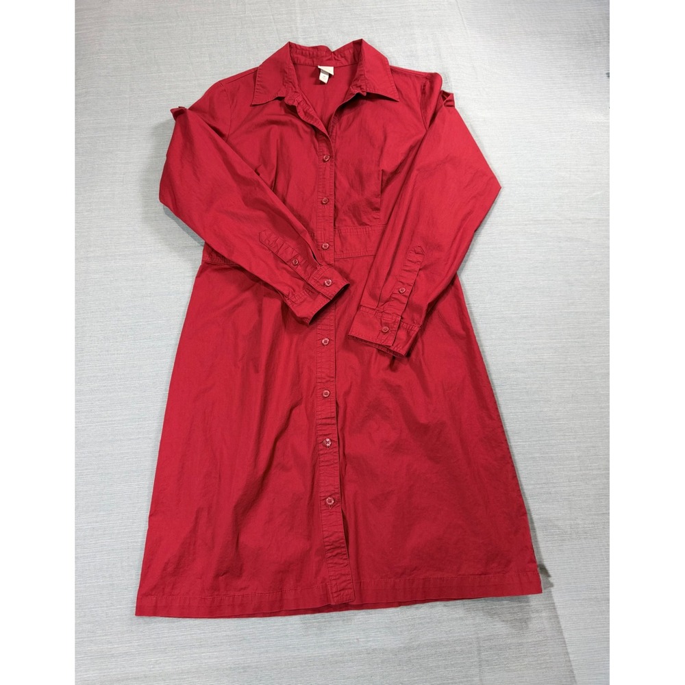 Merona Womens Red Button Front Shirt Dress Long‎ Roll Tab Sleeve Size M Collared